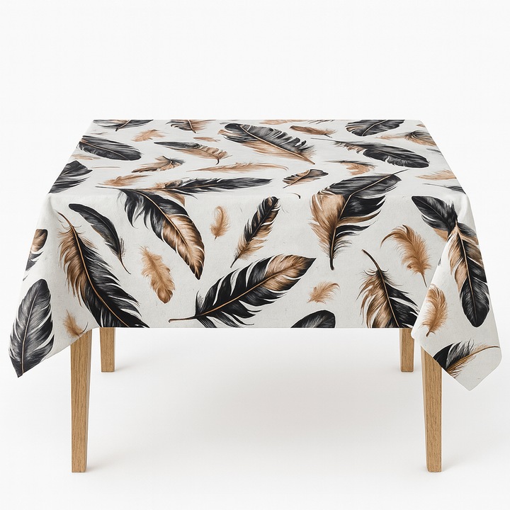 Водоустойчива покривка за маса 100x140 см – Мушама PVC/Текстил с модерен принт на бежово/черни пера в естествени нюанси, бял фон