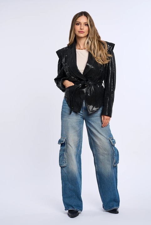 Geacă din piele naturală întoarsă Luxus, imprimeu șarpe, umeri supradimensionați, culoare neagră