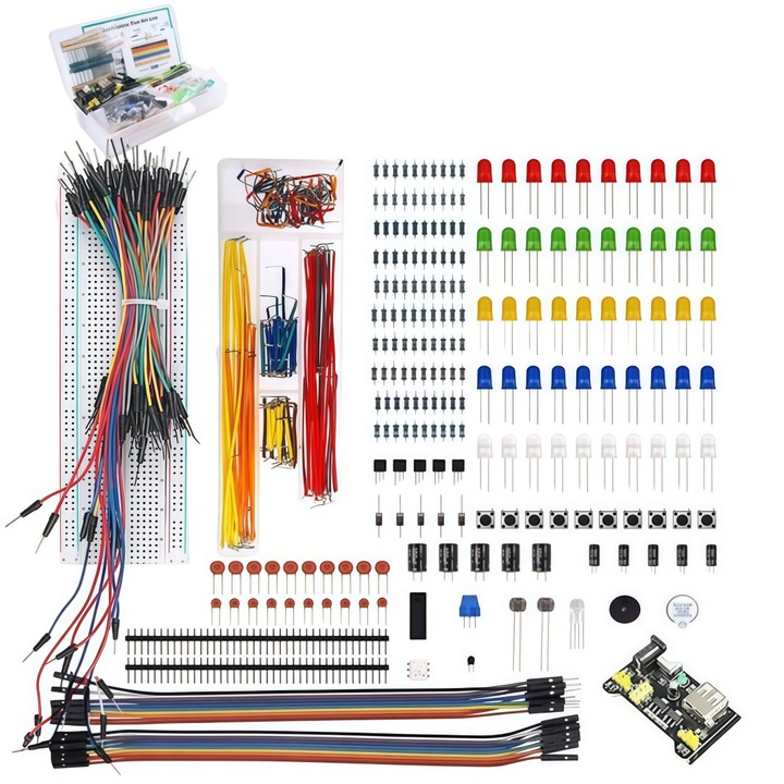 Kit de inceput pentru incepatori, compatibil cu pachetul de componente Arduino UNO R3, XONGSOR®, kit de componente electronice pentru incepatori, care include breadboard cu 830 de puncte, potentiometru, modul de alimentare, rezistori si condensatori, etc