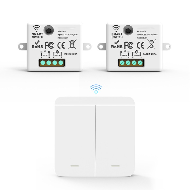 Set Intrerupator wireless, Set Transmitator + Receptor Radio RF 433Mhz, Comutator Fara Fir 10A 250V AC- pentru Casa, Birou, Garaj - 2Transmitator + 2Receptor