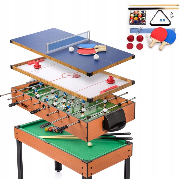 Masa De Joc 4 In 1 Cu Accesorii, Meteor, 4 In 1, Cadru MDF Laminat, Constructie Solida, Schimbare Rapida, Include Fotbal De Masa, Biliard, Air Hockey, Tenis De Masa, 125x82,5x91 cm