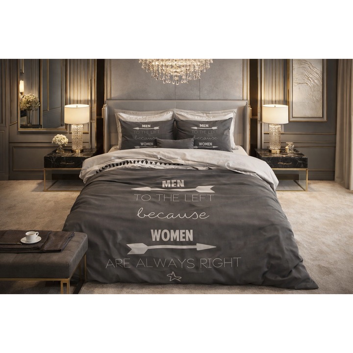 Sleeptime ágyneműgarnitúra, 1× paplanhuzat 140×200/220 cm, 1× párnahuzat 60×70 cm, pamut, Women Always Right Antracite minta, szürke szín