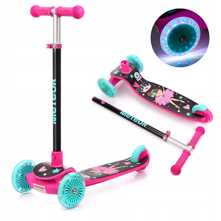 Trotineta Cu Trei Roti, Meteor, Funny, Greutate Maxima Utilizator 50 Kg, Material Aluminiu/Pp, Varsta Utilizator 3+, Reglare Inaltime Ghidon 60-75 cm, Dimensiuni 60x17x32 cm, Multicolor