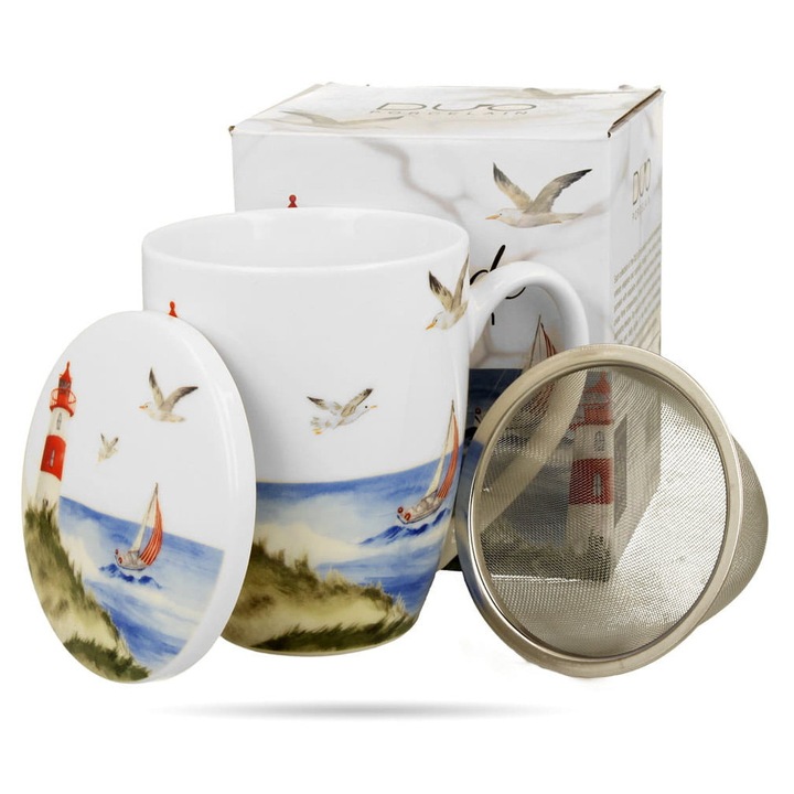 Cana cu infuzor 360ml, decor far marin, portelan DUO