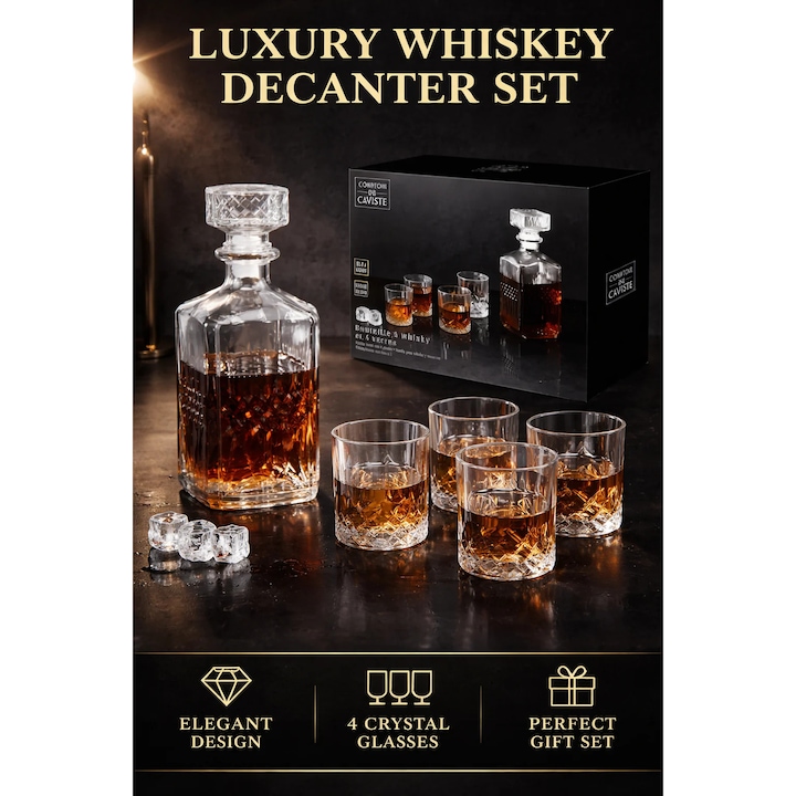 Set sticla Whisky cu decantor 940 ml si 4 pahare 200 ml, stil modern