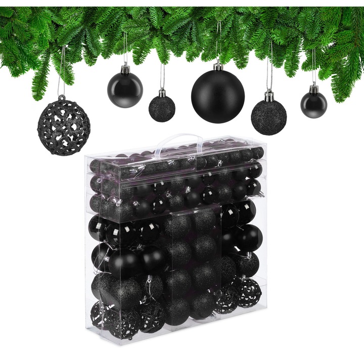 Set 150 Globuri de Craciun, Relaxdays, negru, mat, lucios, cutie depozitare