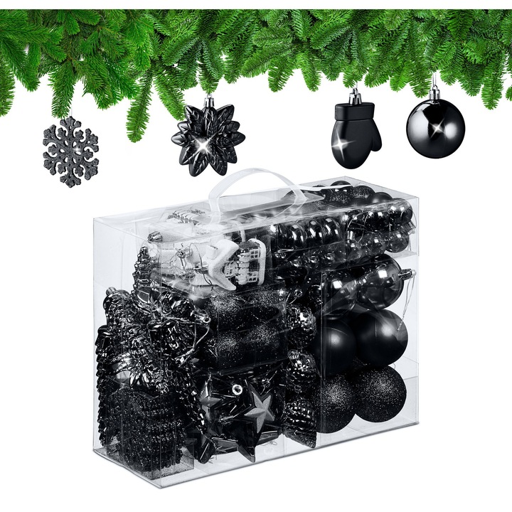 Set 100 Globuri de Craciun, Relaxdays, diferite modele, negru