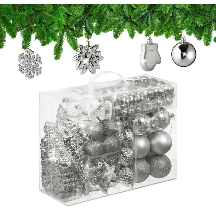 Set 100 Globuri de Craciun, Relaxdays, diferite modele, argintiu