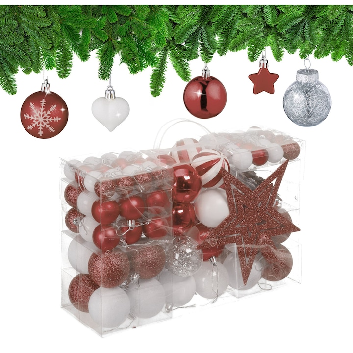 Set 101 Globuri de Crăciun, Relaxdays, maro/alb, forme diverse, plastic rezistent