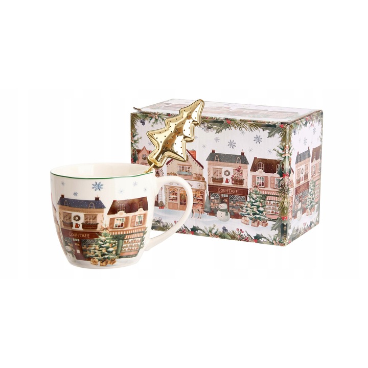 Cana DUO 460ml cu infuzor metalic brad, Colectia Christmas City, crem-alba, portelan New Bone China