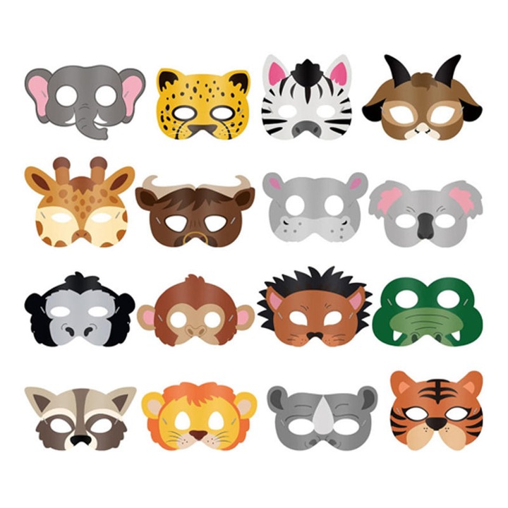 Set 16 masti animale din carton pentru petreceri, Duueyct, Tema jungla, 12.7x17.8cm