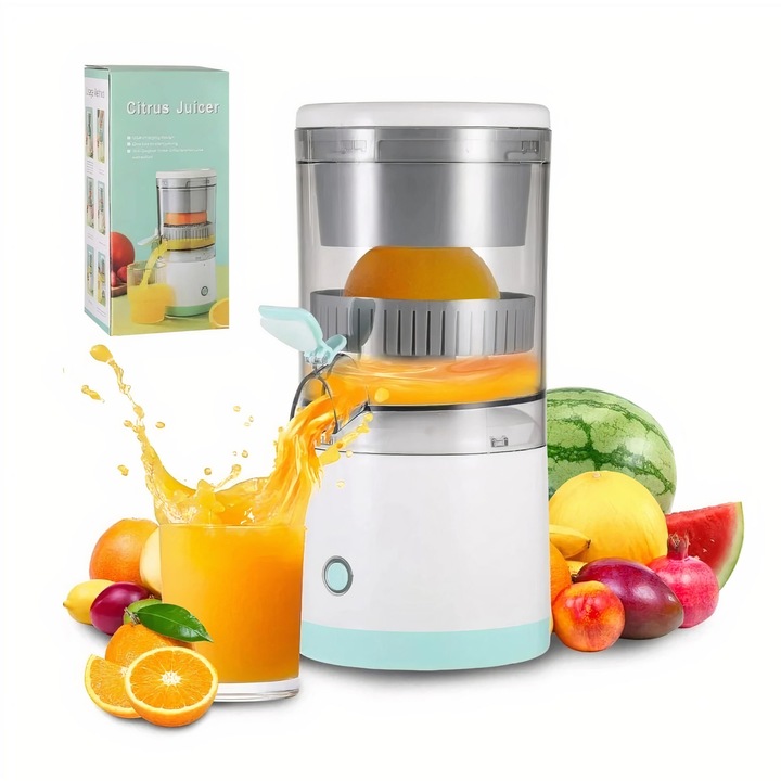 Blender electric portabil pentru citrice, USB reincarcabil, con de stoarcere inclus, recipient transparent, 24x14cm