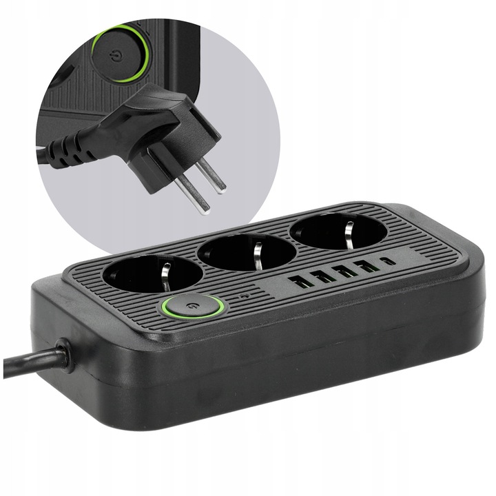 Удължител 5м с 3 контакта, 4x USB-A, 1x USB-C, Черен, Превключвател