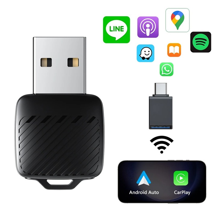 Adaptor Carplay / Android Auto Wireless LITFIV, Dual-Band 5 GHz, Plug&Play, USB-A/USB-C, Conectare Automata, 68x28x11mm