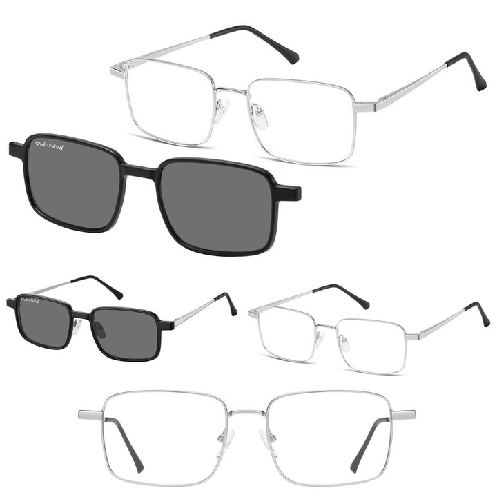Ochelari de vedere unisex cu optiune de corectie, cu clip-on polarizator, argintii, set complet