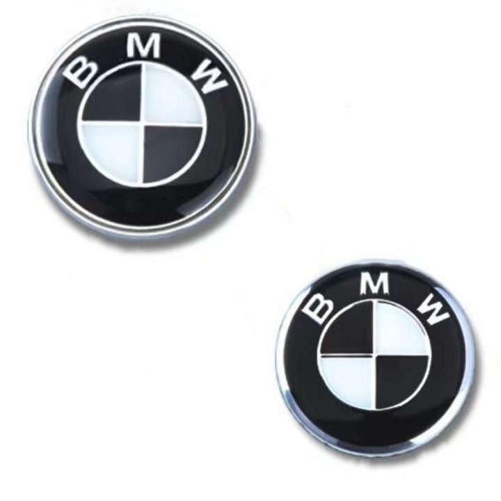 Set embleme BMW, fata 82mm, spate 74mm, alb-negru