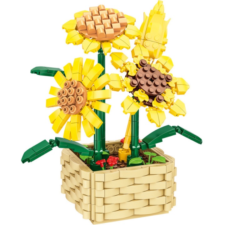 Oktató építőelemek gyerekeknek: Művirág cserepes napraforgóval, 550 darabos készlet