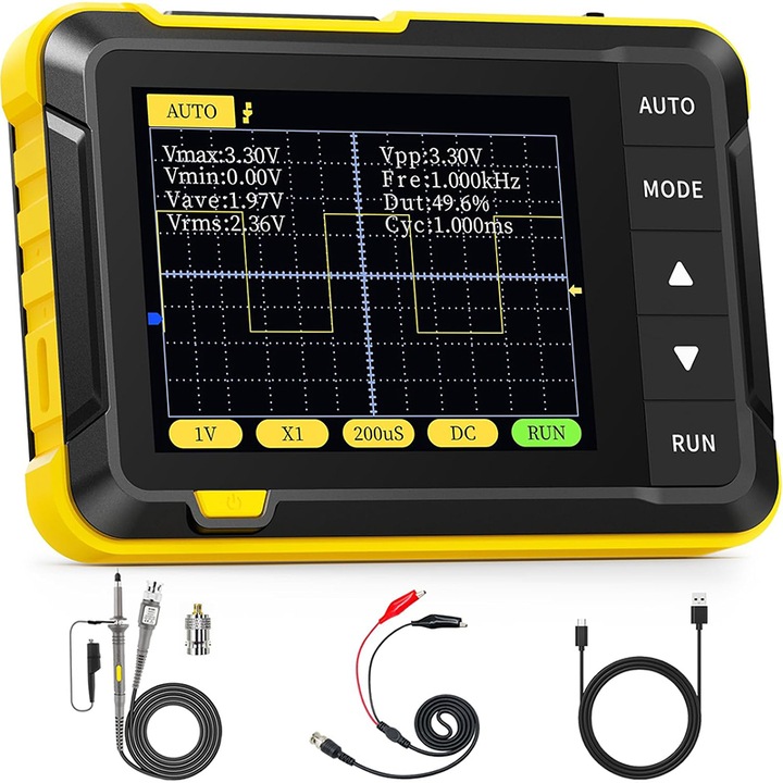 Osciloscop digital portabil, multifunctional, Rqiurpn, 2.5MS/s, 200KHz, oprire automata, pachet standard, cleme crocodil, adaptor BNC, masurarea tensiunii, plastic