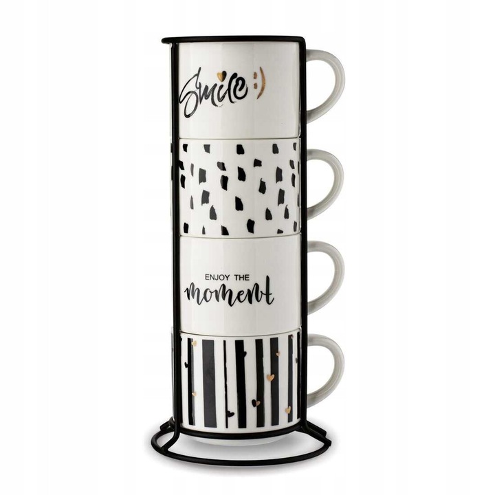 4 darabos porcelán csésze szett fém tartóval, 300 ml