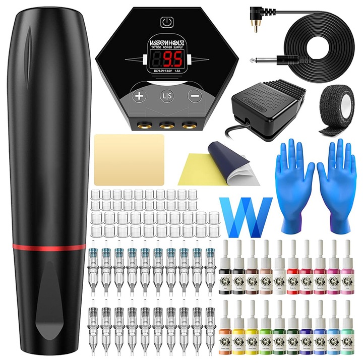 Комплект безжична машина за татуировки, Rqiurpn, алуминий, ротационна, скорост 10000 RPM, 20 игли за татуировки, 20 мастила за татуировки, ергономичен дизайн, тип писалка, подходяща за начинаещи, професионална