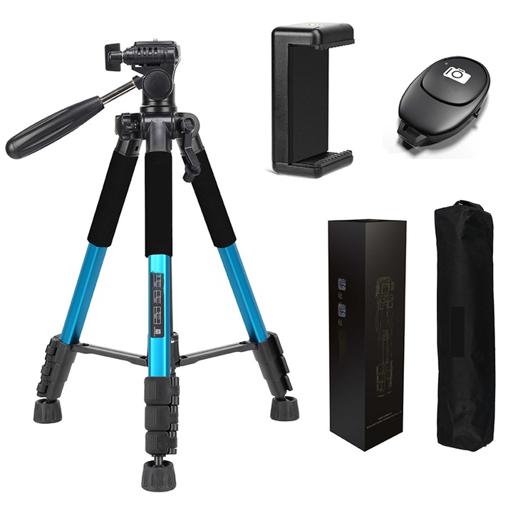 Trepied foto telescopic premium profesional, Rqiurpn, pentru telefon/camera foto/gopro, telecomanda, suport telefon, 140cm, Greutate Maxima Suportata 5 kg, Albastru/Negru