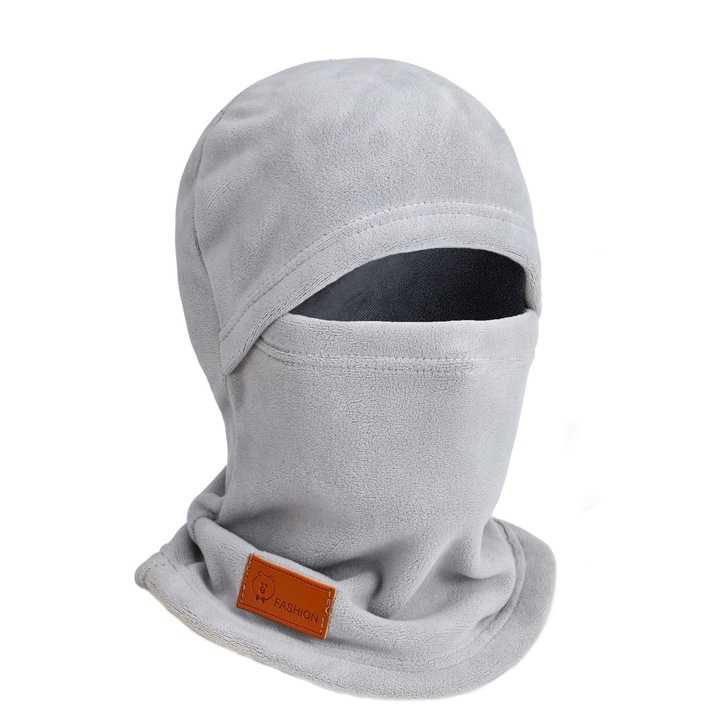 Világosszürke sapka-sál, egyrészes, téli elektromos kerékpározáshoz alkalmas, szélálló, egy méret