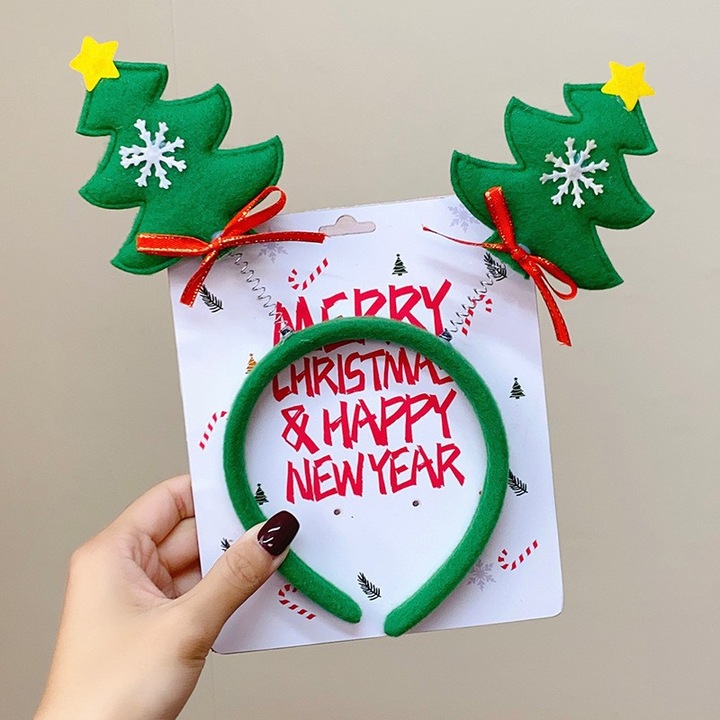 Bentita de par Craciun, Mos Craciun, om de zapada, cerb, decoratiuni de petrecere, model fulgi de zapada verzi, set