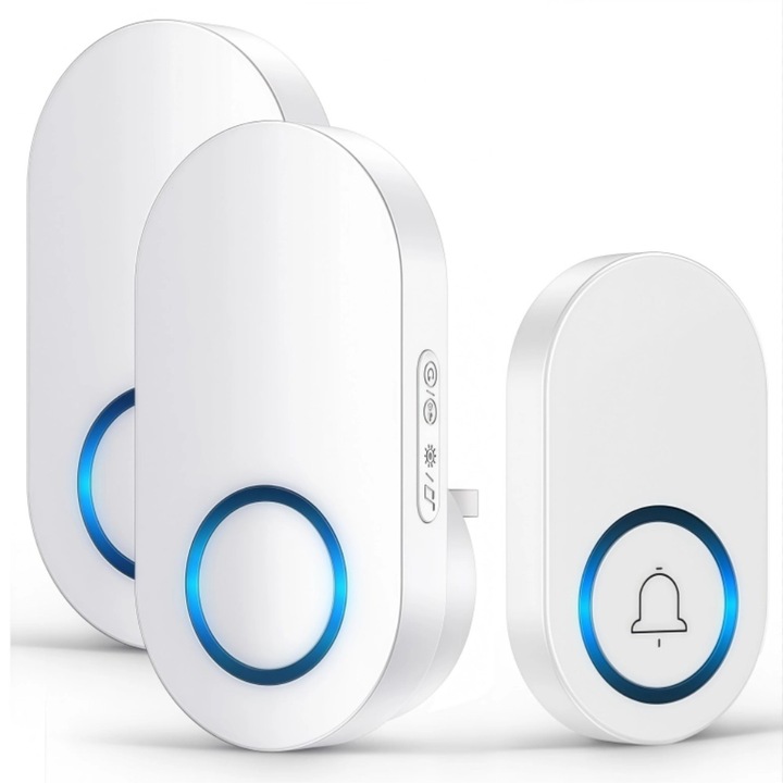 Безжичен звънец, 2 приемника, обхват 150м, 60 мелодии, бял