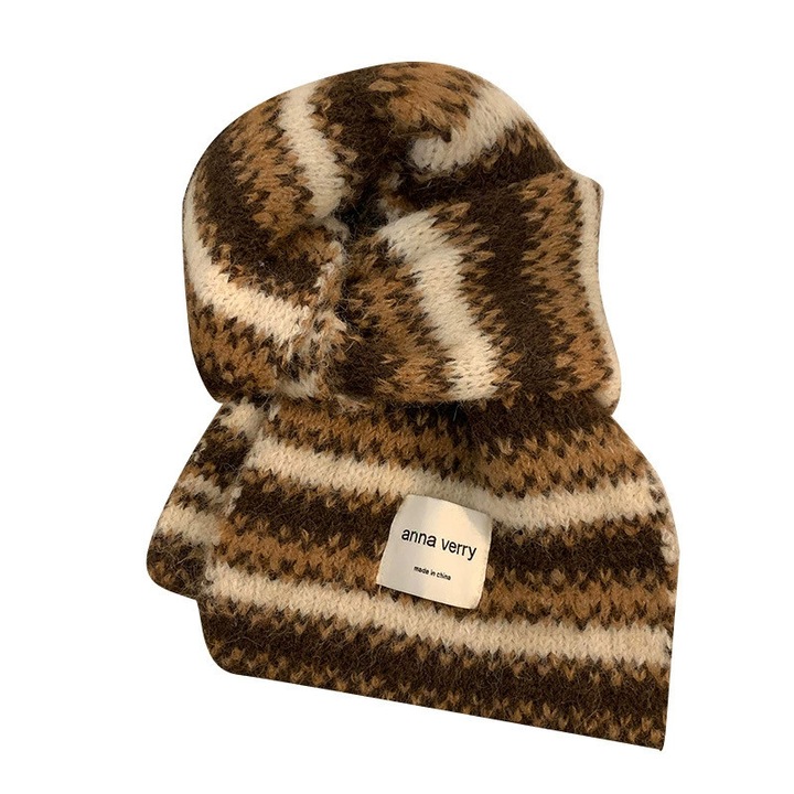 Esarfa tricotata Maillard, color blocked, lana, culoare cafea