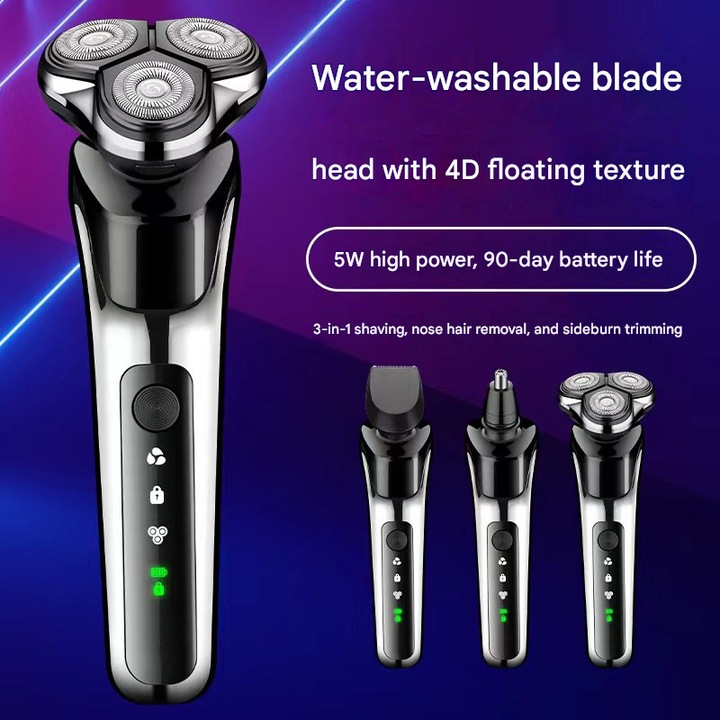 Aparat de ras electric 3 in 1, design cu trei capete flotante, portabil, pentru barbati