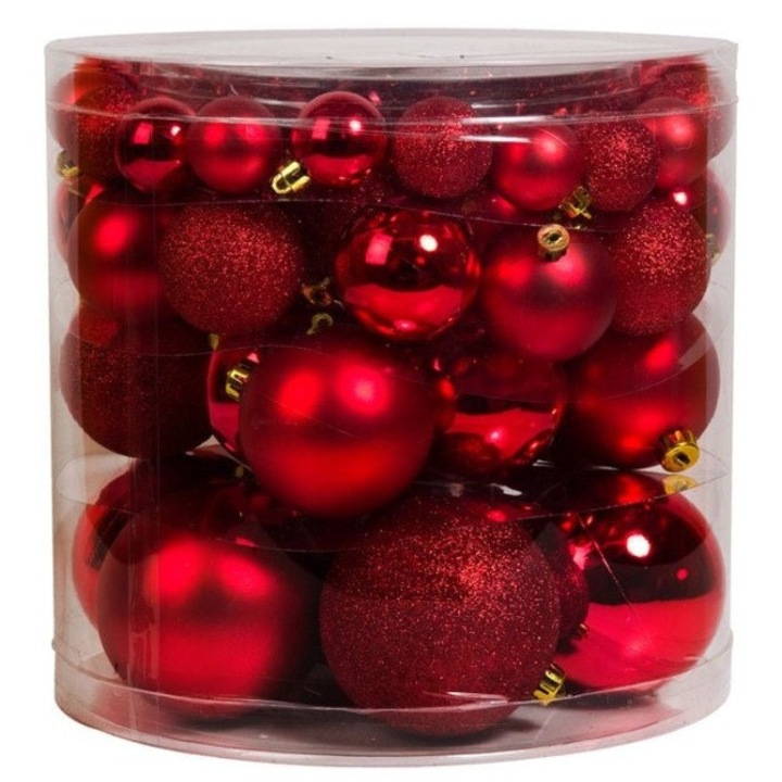 Set Globuri AB HOMES Craciun, Rosii Mat/Stralucitor/Glitter, 4–6–8–10 cm, 54 buc, Decor Brad Multidimensional