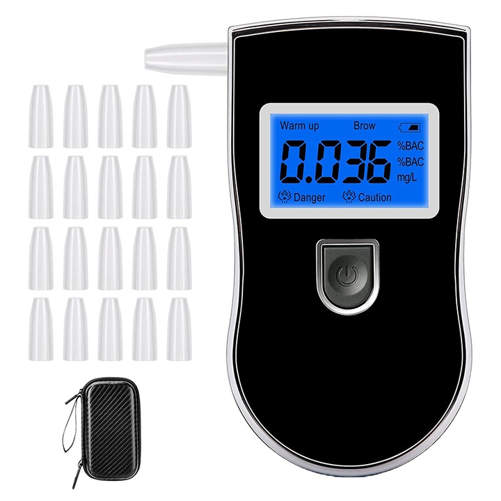 Дигитален тестер за алкохол, Rqiurpn, Функция за памет, Автоматично калибриране, LCD дисплей, Алкохоломер с бърз анализ, Звуково предупреждение, 5 включени мундщука, Преносим, Черен