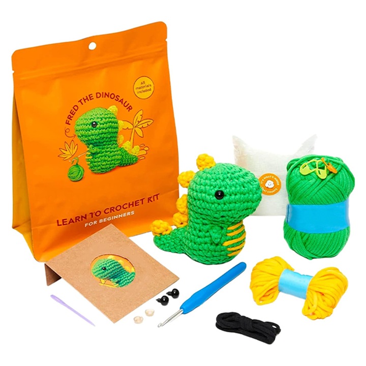 Set de crosetat pentru incepatori, Rqiurpn, Forma de dinozaur, Usor de inceput, Cu tutoriale video si instructiuni, instrumente de crosetat complete, Perfect pentru incepatori, Multicolor