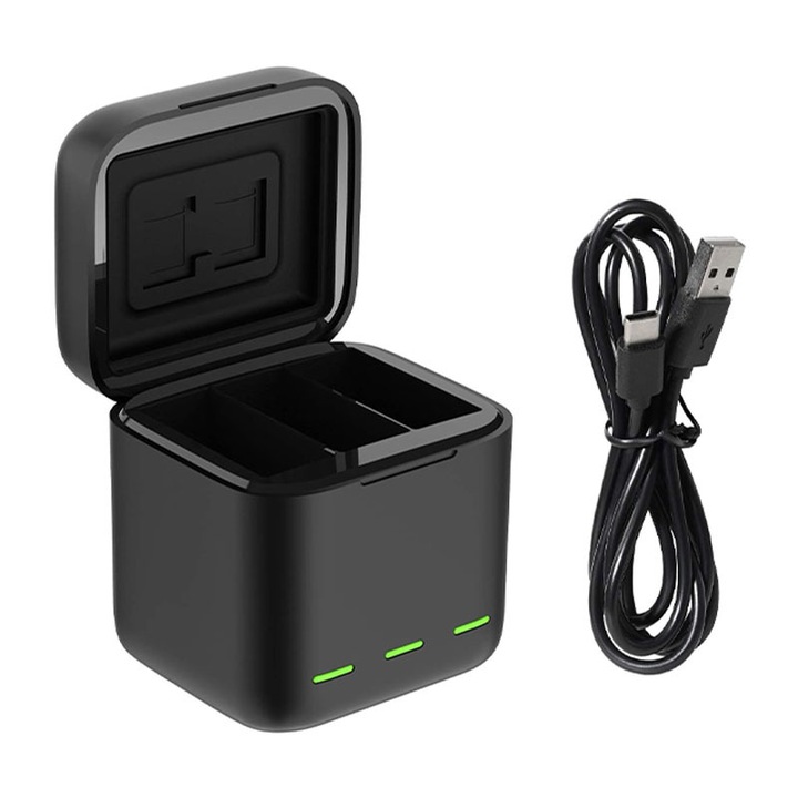 Incarcator, Rqiurpn, Pentru 3 Baterii, Compatibil Cu GoPro Hero 12, 11, 10, 9, Incarcare fast charge, Indicator LED, Reutilizabile, Portabil, Negru