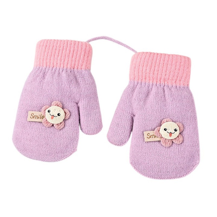 Manusi copii, model dragut cu un singur degetel si snur, manseta elastica, accesorizate cu figurine vesele, tematica happy winter, unisex, marime 3 – 8 ani, mov, EFAYN