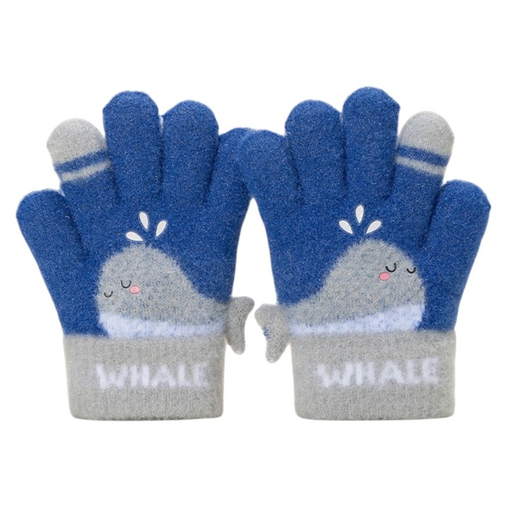 Manusi copii, model vesel cu balenuta, manseta elastica si detalii de contrast pe degete, tematica happy whale, unisex, marime 3 – 5 ani, albastru inchis cu gri, EFAYN