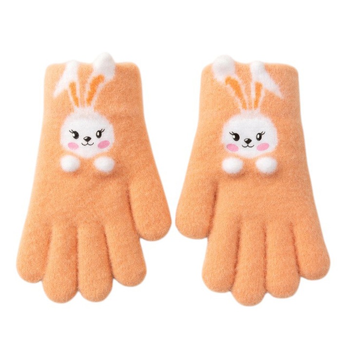Manusi copii, model vesel cu manseta elastica, accesorizate cu iepuras, tematica cute bunny, unisex, marime 3 – 5 ani, portocalii, EFAYN