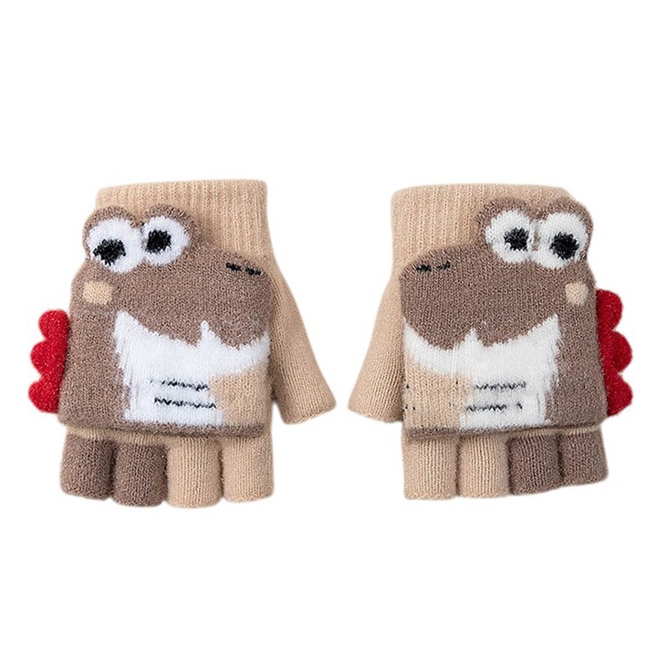Manusi pentru copii, model cu degetele descoperite si capac decapotabil, accesorizate cu dinozauri, tematica happy winter, unisex, marime 9 – 12 ani, maro, EFAYN