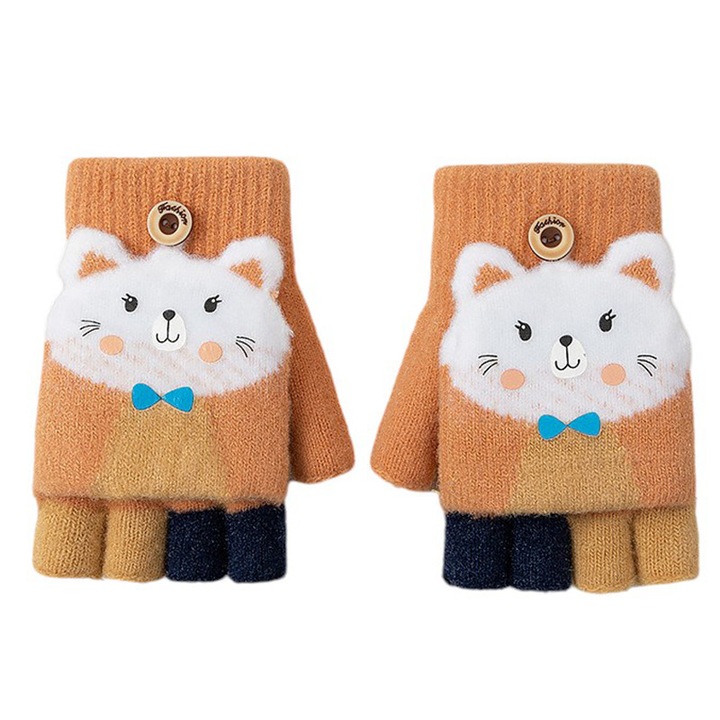 Manusi pentru copii, model cu degetele descoperite si capac decapotabil, prindere cu nasturel, accesorizate cu pisicute fashion, tematica I love cats, unisex, marime 7 – 9 ani, maro, EFAYN