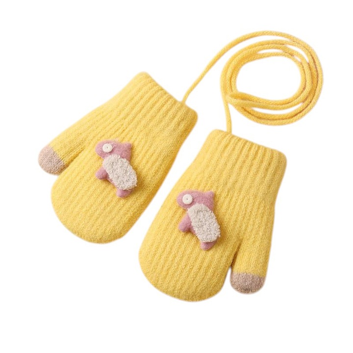 Manusi copii, model cu un singur degetel si snur, manseta elastica, accesorizate cu figurine vesele, tematica happy winter, unisex, marime 1 – 3 ani, galbene, EFAYN