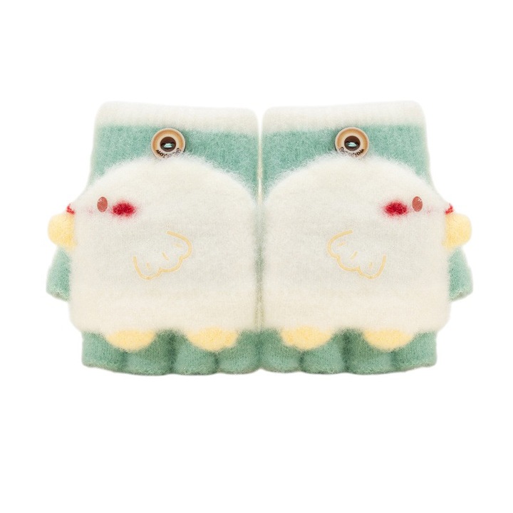 Manusi pentru copii, model cu degetele descoperite si capac decapotabil, prindere cu nasturel, accesorizate cu figurine vesele, tematica I love birds, unisex, marime 3 – 5 ani, verzi, EFAYN