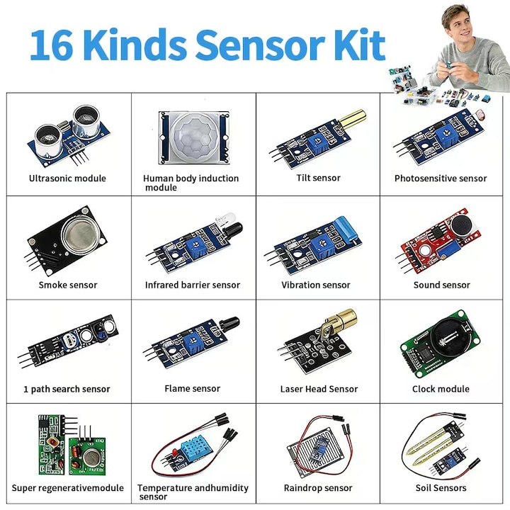 Excitat®，Set de 16 module senzori pentru Raspberry Pi, STM32 si alte microcontrolere. Include senzori pentru distanta, miscare, gaze, lumina, vibratii, sunet si inclinare. Ideal pentru proiecte DIY