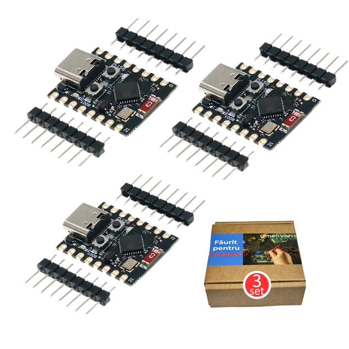 Set 3 placi ESP32-C3, RISC-V 160MHz, WiFi 2.4GHz, BT 5.0, 4MB Flash, 400KB SRAM, compatibile Arduino/MicroPython, ideale pentru proiecte IoT si aplicatii inteligente