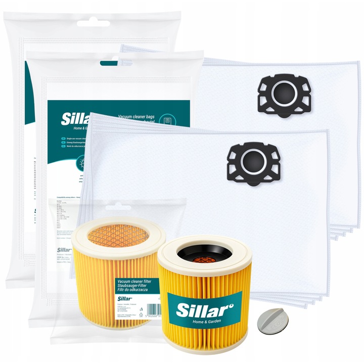 Set pentru aspirator Karcher WD 2 WD 3 KWD2 KWD3 SE4002, 8x saci de filtrare sintetice + 1x filtru intarit cu plasa, met dop de fixare, inlocuire, Sillar
