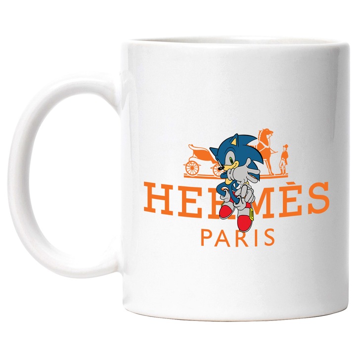 Cana Cu Sonic, Cu Textul "Hermes Paris" - Design 1, Ceramica, 330ML, Cu Maner si Interior Alb