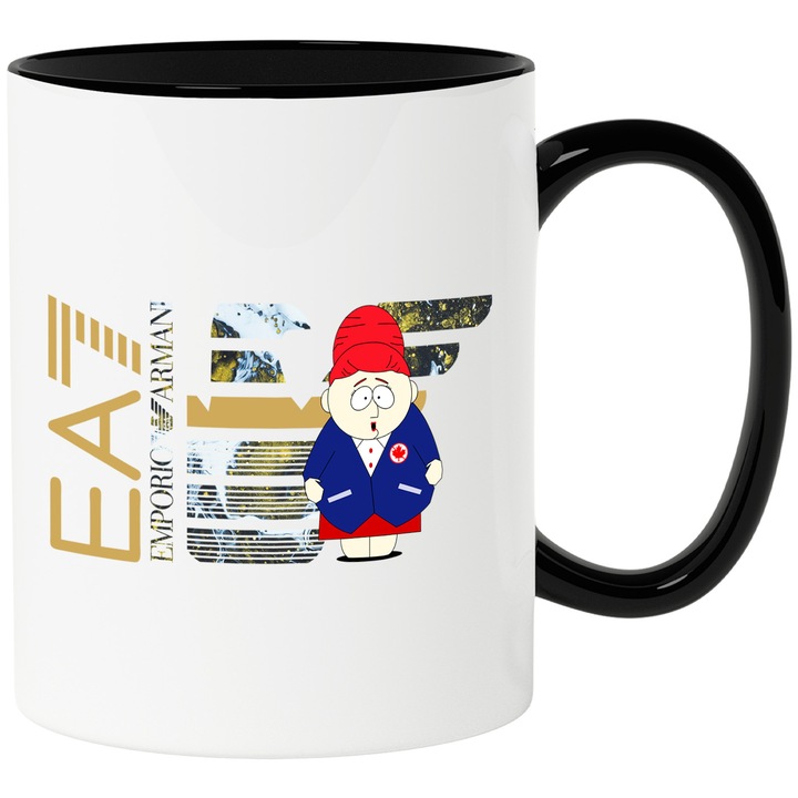 Cana Cu Southpark, Cu Textul "Emporio Armani EA" - Design 7, Ceramica, 330ML, Cu Maner si Interior Negru