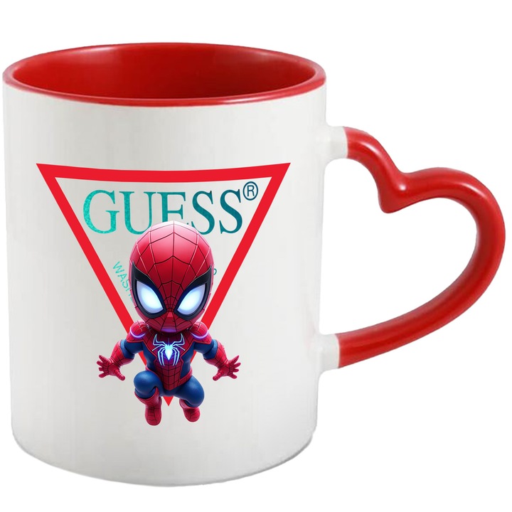 Cana Cu SpiderMan, Cu Textul "Guess" - Design 1, Ceramica, 330ML, Cu Maner Inima Rosie si Interior Rosu