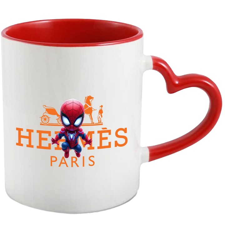 Cana Cu SpiderMan, Cu Textul "Hermes Paris" - Design 1, Ceramica, 330ML, Cu Maner Inima Rosie si Interior Rosu