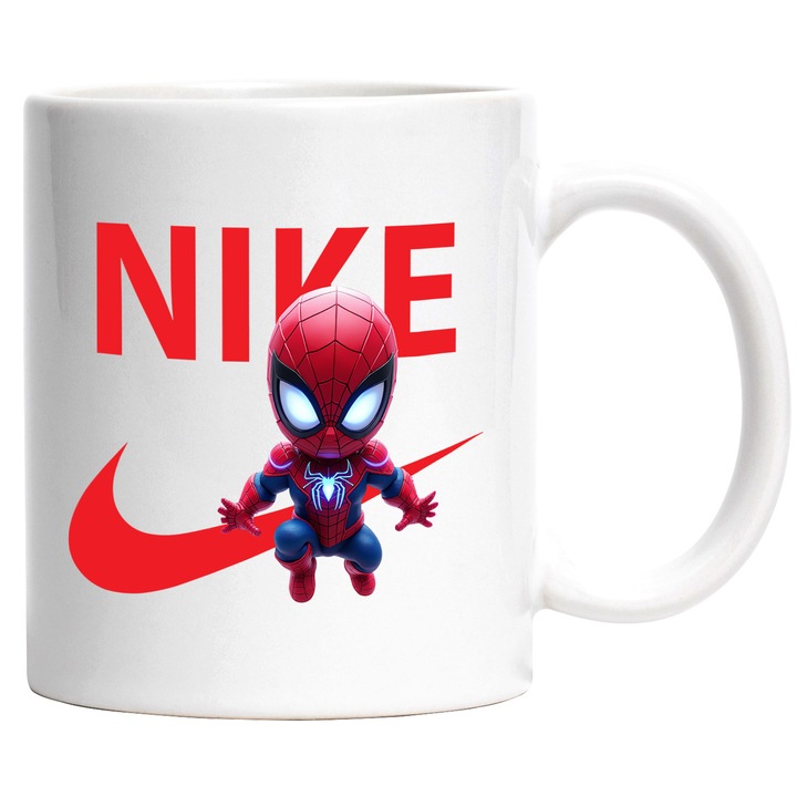 Cana Cu SpiderMan, Cu Textul "Nike" - Design 1, Ceramica, 330ML, Cu Maner si Interior Alb