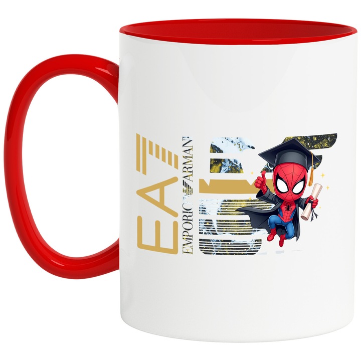 Cana Cu SpiderMan, Cu Textul "Emporio Armani EA" - Design 2, Ceramica, 330ML, Cu Maner si Interior Rosu